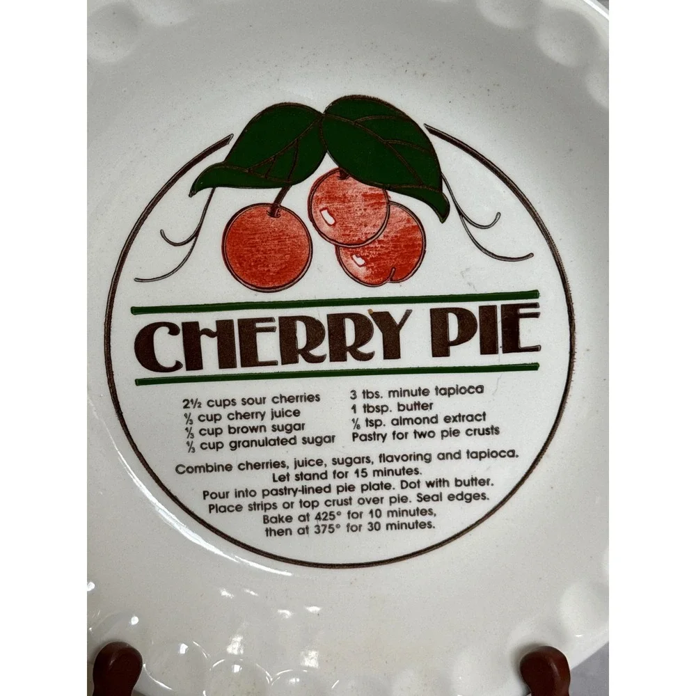 Vintage Cherry Pie Recipe Plate Scalloped Ceramic Dish 10 inch Made in Korea